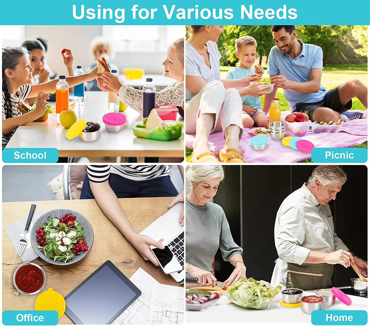 Salad Dressing Containers To Go; 6x1.5 oz Stainless Steel Food Containers with Lids; Small Silicone Dipping Sauce Cups Toddler Snack Containers Leakproof for Kids Lunch Bento Box; Picnic and Travel - Image 2