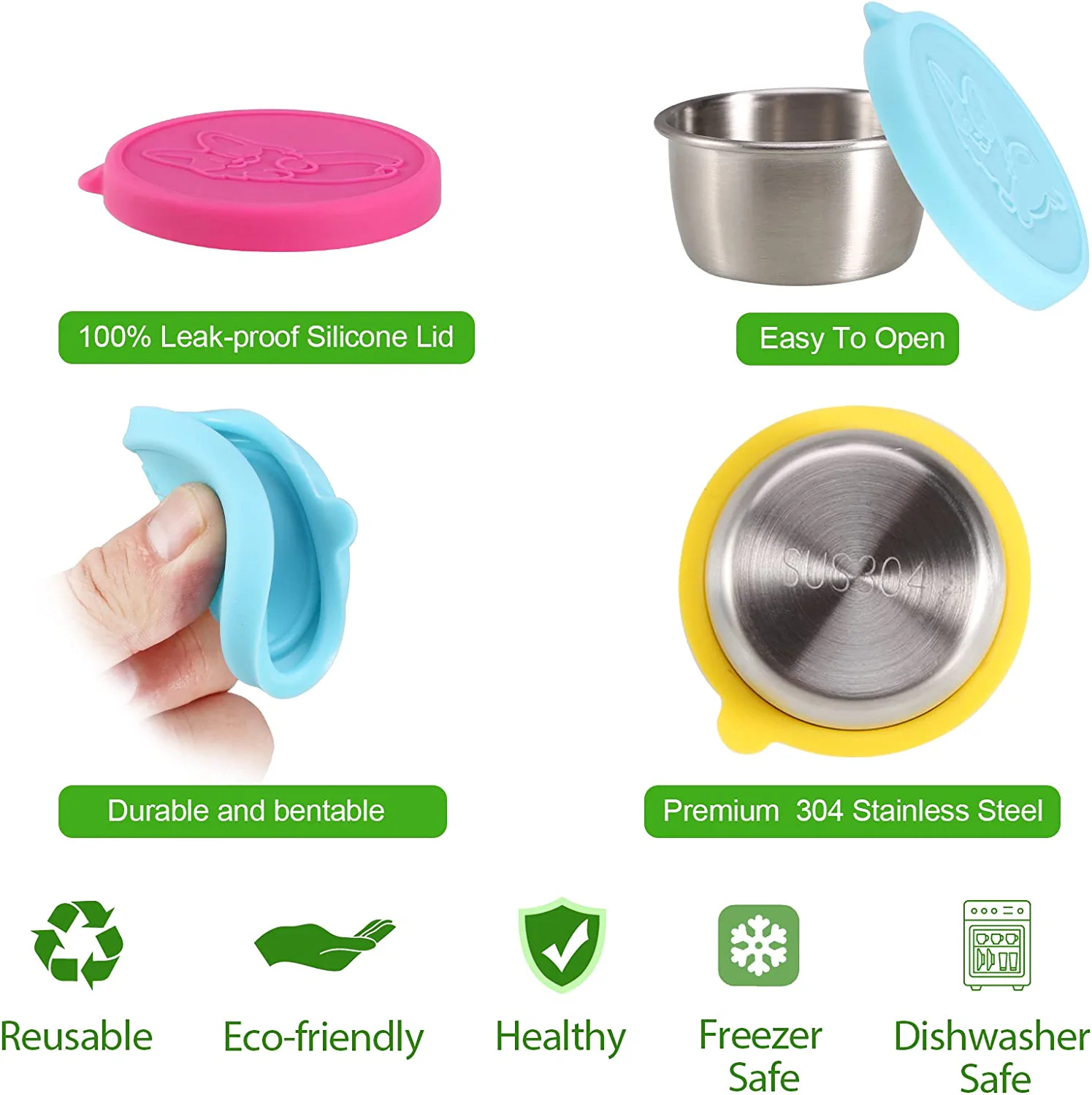 Salad Dressing Containers To Go; 6x1.5 oz Stainless Steel Food Containers with Lids; Small Silicone Dipping Sauce Cups Toddler Snack Containers Leakproof for Kids Lunch Bento Box; Picnic and Travel - Image 3